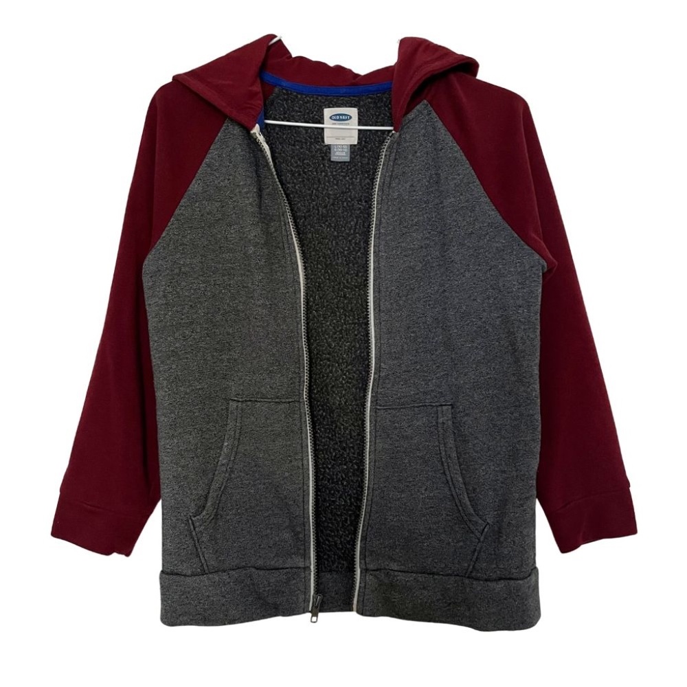 Big Boys Burgundy Grey Color Block Zip Up Hoodie Size L